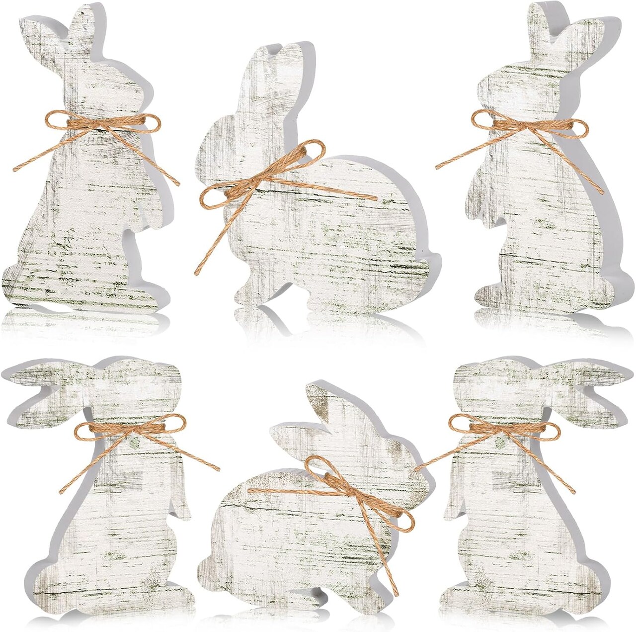 6 Pcs Easter Bunny Table Wooden Sign Decorations Rabbit Decorations with Ropes Classic Easter Decor Rustic Rabbit Shaped Tabletop Centerpieces for Party Gifts Home Tiered Tray Decor